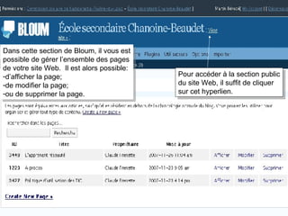Dans cette section de Bloum, il vous est possible de gérer l’ensemble des pages de votre site Web.  Il est alors possible: d’afficher la page; de modifier la page; ou de supprimer la page. Pour accéder à la section public du site Web, il suffit de cliquer  sur cet hyperlien. 