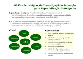 RIS3 - Estratégias de Investigação e Inovação
para Especialização Inteligente
Especialização inteligente: “estabelecer prioridades, a nível regional, numa série de
setores/tecnologias/áreas de conhecimento potencialmente competitivos e geradores de novas atividades,
num contexto global, e tendo em conta a especialização de outras localizações”.
RIS 3: “agendas de transformação económica integradas de base local, que partem da identificação das
características e ativos específicos de cada região para, através de um processo participado por todas as
partes interessadas, estabelecerem uma visão de futuro sustentável para o território”.

Como?

METODOLOGIA
1.

RIS 3
5. instrumentos

3. visão

2.

definição de um modelo de governação:
participação e liderança
elaboração de uma visão global, partilhada,
para o futuro da região

4.

identificação das prioridades

5.

2. processo
6. monitorização

análise do contexto regional e do potencial de
inovação

3.

1. análise

definição do policy mix (combinação de
instrumentos e políticas) e do plano de ação

6.

integração de mecanismos de monitorização e
avaliação

4. prioridades

 