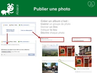 Insérer un groupe de photo
Donner un titre
Indiquer le lieu
Décrire chaque photo
Créer un album c’est :
Publier une photo
 
