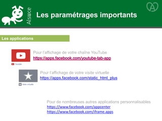 Les applications
https://apps.facebook.com/static_html_plus
Pour l’affichage de votre chaîne YouTube
Pour l’affichage de votre visite virtuelle
https://www.facebook.com/appcenter
https://www.facebook.com/iframe.apps
Pour de nombreuses autres applications personnalisables
Les paramétrages importants
 
