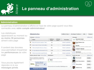 Le panneau d’administration
Administration
Le panneau d’administration s’affiche en haut de votre page quand vous êtes
connectés avec votre compte administrateur
Les statistiques
apparaissent au moment ou
au moins 30 personnes
aiment votre page
Il contient des données
vous permettant d’examiner
les performances de votre
page
Vous pouvez également
répondre ici à vos
messages privés
 
