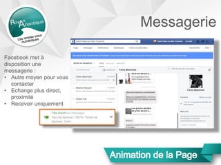 Messagerie
Facebook met à
disposition une
messagerie :
• Autre moyen pour vous
contacter
• Echange plus direct,
proximité
• Recevoir uniquement
 