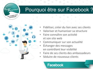 Pourquoi être sur Facebook ?
• Fidéliser, créer du lien avec ses clients
• Valoriser et humaniser sa structure
• Faire connaître son activité
et son site web
• Communiquer sur son actualité
• Échanger des messages
en contrôlant leur visibilité
• Faire de ses clients des ambassadeurs
• Séduire de nouveaux clients
 