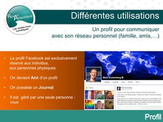 Différentes utilisations
• Le profil Facebook est exclusivement
réservé aux individus,
aux personnes physiques
• On devient Ami d’un profil
• On possède un Journal
• Il est géré par une seule personne :
vous
Un profil pour communiquer
avec son réseau personnel (famille, amis,…)
 