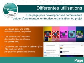 Différentes utilisations
• Une page pour une entité,
un établissement, un produit
• Les utilisateurs s’abonnent
de manière libre en cliquant
sur j’aime (like)
• On obtient des mentions « j’aime » (fan)
• Elle peut être gérée
par plusieurs personnes (admin)
Une page pour développer une communauté
autour d’une marque, entreprise, organisation, ou projet
 