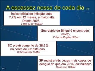 Índice oficial de inflação sobe
7,7% em 12 meses, a maior alta
Desde 2005.
Folha de SP 06/Mar
BC prevê aumento de 38,3%
na conta de luz este ano.
Uol Economia 12/Mar
Secretário de Birigui é encontrado
morto
Folha da Região 18/Fev
SP registra três vezes mais casos de
dengue do que em 2014, diz balanço
Globo.com 12/Mar
A escassez nossa de cada dia 1/2
3/41
 