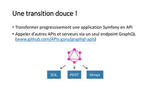 Une transition douce !
• Transformer progressivement une application Symfony en API
• Appeler d’autres APIs et serveurs via un seul endpoint GraphQL
(www.github.com/APIs-guru/graphql-apis)
 