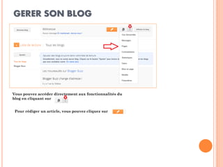 GERER SON BLOG 
Vous pouvez accéder directement aux fonctionnalités du blog en cliquant sur 
Pour rédiger un article, vous pouvez cliquez sur  