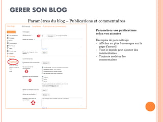 GERER SON BLOG 
Paramètres du blog – Publications et commentaires 
Paramétrez vos publications selon vos attentes Exemples de paramétrage 
-Afficher au plus 5 messages sur la page d’accueil 
-Tout le monde peut ajouter des commentaires 
-Toujours modérer les commentaires  