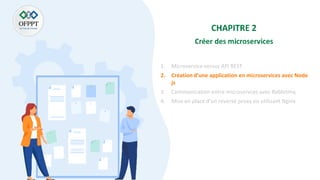 1. Microservice versus API REST
2. Création d’une application en microservices avec Node
js
3. Communication entre microservces avec Rabbitmq
4. Mise en place d’un reverse proxy en utilisant Nginx
 