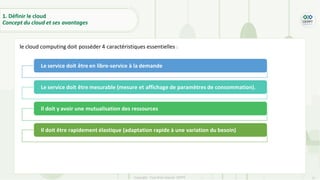 11
Copyright - Tout droit réservé - OFPPT
le cloud computing doit posséder 4 caractéristiques essentielles :
1. Définir le cloud
Concept du cloud et ses avantages
Le service doit être en libre-service à la demande
Le service doit être mesurable (mesure et affichage de paramètres de consommation).
Il doit y avoir une mutualisation des ressources
Il doit être rapidement élastique (adaptation rapide à une variation du besoin)
 