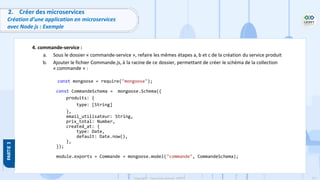 111
Copyright - Tout droit réservé - OFPPT
2. Créer des microservices
Création d’une application en microservices
avec Node js : Exemple
4. commande-service :
a. Sous le dossier « commande-service », refaire les mêmes étapes a, b et c de la création du service produit
b. Ajouter le fichier Commande.js, à la racine de ce dossier, permettant de créer le schéma de la collection
« commande » :
const mongoose = require("mongoose");
const CommandeSchema = mongoose.Schema({
produits: {
type: [String]
},
email_utilisateur: String,
prix_total: Number,
created_at: {
type: Date,
default: Date.now(),
},
});
module.exports = Commande = mongoose.model("commande", CommandeSchema);
 