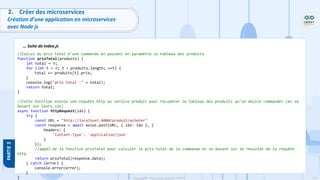 113
Copyright - Tout droit réservé - OFPPT
2. Créer des microservices
Création d’une application en microservices
avec Node js
//Calcul du prix total d'une commande en passant en paramètre un tableau des produits
function prixTotal(produits) {
let total = 0;
for (let t = 0; t < produits.length; ++t) {
total += produits[t].prix;
}
console.log("prix total :" + total);
return total;
}
//Cette fonction envoie une requête http au service produit pour récupérer le tableau des produits qu'on désire commander (en se
basant sur leurs ids)
async function httpRequest(ids) {
try {
const URL = "http://localhost:4000/produit/acheter"
const response = await axios.post(URL, { ids: ids }, {
headers: {
'Content-Type': 'application/json'
}
});
//appel de la fonction prixTotal pour calculer le prix total de la commande en se basant sur le résultat de la requête
http
return prixTotal(response.data);
} catch (error) {
console.error(error);
}
}
… Suite de index.js
 