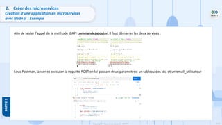 114
Copyright - Tout droit réservé - OFPPT
2. Créer des microservices
Création d’une application en microservices
avec Node js : Exemple
Afin de tester l’appel de la méthode d’API commande/ajouter, il faut démarrer les deux services :
Sous Postman, lancer et exécuter la requête POST en lui passant deux paramètres: un tableau des ids, et un email_utilisateur
 
