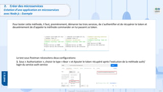 125
Copyright - Tout droit réservé - OFPPT
2. Créer des microservices
Création d’une application en microservices
avec Node js : Exemple
Pour tester cette méthode, il faut, premièrement, démarrer les trois services, de s’authentifier et de récupérer le token et
deuxièmement de d’appeler la méthode commander en lui passent ce token.
Le test sous Postman nécessitera deux configurations:
1. Sous « Authorization », choisir le type « Bear » et Ajouter le token récupéré après l’exécution de la méthode auth/
login du service auth-service
 