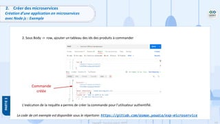 126
Copyright - Tout droit réservé - OFPPT
2. Créer des microservices
Création d’une application en microservices
avec Node js : Exemple
2. Sous Body -> row, ajouter un tableau des ids des produits à commander
L’exécution de la requête a permis de créer la commande pour l’utilisateur authentifié.
Le code de cet exemple est disponible sous le répertoire: https://gitlab.com/asmae.youala/exp-microservice
Commande
créée
 