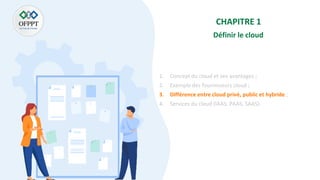 CHAPITRE 1
Définir le cloud
1. Concept du cloud et ses avantages ;
2. Exemple des fournisseurs cloud ;
3. Différence entre cloud privé, public et hybride ;
4. Services du cloud (IAAS, PAAS, SAAS).
 