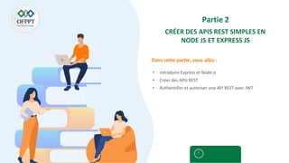 Dans cette partie, vous allez :
Partie 2
CRÉER DES APIS REST SIMPLES EN
NODE JS ET EXPRESS JS
• Introduire Express et Node js
• Créer des APIs REST
• Authentifier et autoriser une API REST avec JWT
 