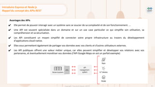 44
Copyright - Tout droit réservé - OFPPT
Avantages des APIs
✔ Elle permet de pouvoir interagir avec un système sans se soucier de sa complexité et de son fonctionnement. ...
✔ Une API est souvent spécialisée dans un domaine et sur un use case particulier ce qui simplifie son utilisation, sa
compréhension et sa sécurisation.
✔ Les API constituent un moyen simplifié de connecter votre propre infrastructure au travers du développement
d'applications cloud-native.
✔ Elles vous permettent également de partager vos données avec vos clients et d'autres utilisateurs externes.
✔ Les API publiques offrent une valeur métier unique, car elles peuvent simplifier et développer vos relations avec vos
partenaires, et éventuellement monétiser vos données (l'API Google Maps en est un parfait exemple)
Introduire Express et Node js
Rappel du concept des APIs REST
 