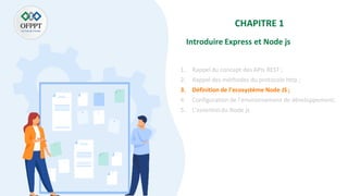 CHAPITRE 1
Introduire Express et Node js
1. Rappel du concept des APIs REST ;
2. Rappel des méthodes du protocole http ;
3. Définition de l’ecosystème Node JS ;
4. Configuration de l’environnement de développement;
5. L’essentiel du Node js
 