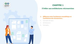 1. Différence entre l’architecture monolithique et
l’architecture des microservices ;
2. Concepts de base;
3. Architecture ;
4. Exemples ;
 