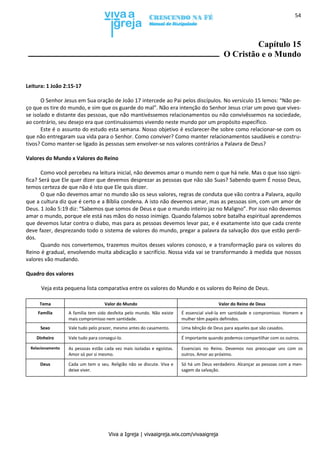 Viva a Igreja | vivaaigreja.wix.com/vivaaigreja
54
Capítulo 15
O Cristão e o Mundo
Leitura: 1 João 2:15-17
O Senhor Jesus em Sua oração de João 17 intercede ao Pai pelos discípulos. No versículo 15 lemos: “Não pe-
ço que os tire do mundo, e sim que os guarde do mal”. Não era intenção do Senhor Jesus criar um povo que vives-
se isolado e distante das pessoas, que não mantivéssemos relacionamentos ou não convivêssemos na sociedade,
ao contrário, seu desejo era que continuássemos vivendo neste mundo por um propósito específico.
Este é o assunto do estudo esta semana. Nosso objetivo é esclarecer-lhe sobre como relacionar-se com os
que não entregaram sua vida para o Senhor. Como conviver? Como manter relacionamentos saudáveis e constru-
tivos? Como manter-se ligado às pessoas sem envolver-se nos valores contrários a Palavra de Deus?
Valores do Mundo x Valores do Reino
Como você percebeu na leitura inicial, não devemos amar o mundo nem o que há nele. Mas o que isso signi-
fica? Será que Ele quer dizer que devemos desprezar as pessoas que não são Suas? Sabendo quem É nosso Deus,
temos certeza de que não é isto que Ele quis dizer.
O que não devemos amar no mundo são os seus valores, regras de conduta que vão contra a Palavra, aquilo
que a cultura diz que é certo e a Bíblia condena. A isto não devemos amar, mas as pessoas sim, com um amor de
Deus. 1 João 5:19 diz: “Sabemos que somos de Deus e que o mundo inteiro jaz no Maligno”. Por isso não devemos
amar o mundo, porque ele está nas mãos do nosso inimigo. Quando falamos sobre batalha espiritual aprendemos
que devemos lutar contra o diabo, mas para as pessoas devemos levar paz, e é exatamente isto que cada crente
deve fazer, desprezando todo o sistema de valores do mundo, pregar a palavra da salvação dos que estão perdi-
dos.
Quando nos convertemos, trazemos muitos desses valores conosco, e a transformação para os valores do
Reino é gradual, envolvendo muita abdicação e sacrifício. Nossa vida vai se transformando à medida que nossos
valores vão mudando.
Quadro dos valores
Veja esta pequena lista comparativa entre os valores do Mundo e os valores do Reino de Deus.
Tema Valor do Mundo Valor do Reino de Deus
Família A família tem sido desfeita pelo mundo. Não existe
mais compromisso nem santidade.
É essencial vivê-la em santidade e compromisso. Homem e
mulher têm papéis definidos.
Sexo Vale tudo pelo prazer, mesmo antes do casamento. Uma bênção de Deus para aqueles que são casados.
Dinheiro Vale tudo para consegui-lo. É importante quando podemos compartilhar com os outros.
Relacionamento As pessoas estão cada vez mais isoladas e egoístas.
Amor só por si mesmo.
Essenciais no Reino. Devemos nos preocupar uns com os
outros. Amor ao próximo.
Deus Cada um tem o seu. Religião não se discute. Viva e
deixe viver.
Só há um Deus verdadeiro. Alcançar as pessoas com a men-
sagem da salvação.
 
