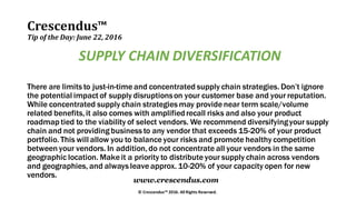 Crescendus™
Tip of the Day: June 22, 2016
© Crescendus™ 2016. All Rights Reserved.
www.crescendus.com
SUPPLY CHAIN DIVERSIFICATION
There are limits to just-in-time and concentrated supply chain strategies. Don’t ignore
the potential impact of supply disruptionson your customer base and your reputation.
While concentrated supply chain strategies may provide near term scale/volume
related benefits,it also comes with amplifiedrecall risks and also your product
roadmap tied to the viability of select vendors. We recommend diversifyingyour supply
chain and not providing business to any vendor that exceeds 15-20% of your product
portfolio. This will allow you to balance your risks and promote healthy competition
between your vendors. In addition,do not concentrate all your vendors in the same
geographic location. Make it a priority to distribute your supply chain across vendors
and geographies, and always leave approx. 10-20% of your capacity open for new
vendors.
 