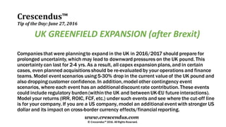 Crescendus™
Tip of the Day: June 27, 2016
© Crescendus™ 2016. All Rights Reserved.
www.crescendus.com
UK GREENFIELD EXPANSION (after Brexit)
Companies that were planningto expand in the UK in 2016/2017 should prepare for
prolonged uncertainty,which may lead to downward pressures on the UK pound. This
uncertainty can last for 2-4 yrs. As a result, all capex expansion plans,and in certain
cases, even planned acquisitions should be re-evaluated by your operations and finance
teams. Model event scenarios using 5-30% drop in the current value of the UK pound and
also dropping customer confidence. In addition,model other contingency event
scenarios, where each event has an additionaldiscount rate contribution.These events
could include regulatory burden (within the UK and between UK-EU future interactions).
Model your returns (IRR, ROIC, FCF, etc.) under such events and see where the cut-off line
is for your company. If you are a US company, model an additional event with stronger US
dollar and its impact on cross-border currency effects/financialreporting.
 
