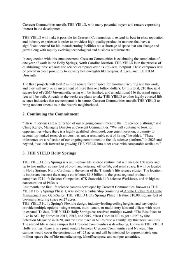 Crescent Communities unveils THE YIELD, its New And Approved