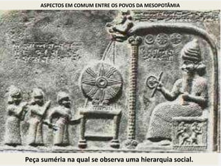 Na política, tinham uma forma de organização baseada na
centralização de poder, onde apenas uma pessoa (imperador ou rei)
comandava tudo.
ASPECTOS EM COMUM ENTRE OS POVOS DA MESOPOTÂMIA
POLÍTICA
Peça suméria na qual se observa uma hierarquia social.Peça suméria na qual se observa uma hierarquia social.
 