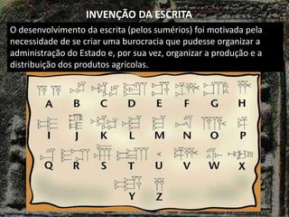 INVENÇÃO DA ESCRITA
O desenvolvimento da escrita (pelos sumérios) foi motivada pela
necessidade de se criar uma burocracia que pudesse organizar a
administração do Estado e, por sua vez, organizar a produção e a
distribuição dos produtos agrícolas.
 