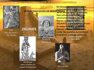ASPECTOS EM COMUM ENTRE OS POVOS DA MESOPOTÂMIA
RELIGIÃO
Enlil
deus do vento e
das chuvas
Shamach
deus do Sol
Ishtar
deusa da chuva, da
primavera e da
fertilidade
Marduque
deus protetor da
cidade da Babilônia
Anu
deus do Céu
Os mesopotâmicos eram povos
politeístas, pois acreditavam em
vários deuses ligados à natureza.
Para cultuar estes deuses eles
construíram templos, no qual
ficaram conhecido como
ZIGURATES, e que também serviam
de espaços para os sacerdotes
fazerem estudos astronômicos,
cuidar das questões burocráticas
do governo e estocar alimentos.
OS PRINCIPAIS DEUSES DA MESOPOTÂMIA
 