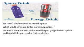 We have 2 viable options for marketing now
Which would serve as a better marketing position?
Let look at some statistics which would help us gauge the two options
and hopefully help us reach a final conclusion.
 