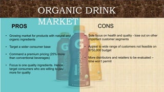 ORGANIC DRINK
MARKET CONSPROS
• Growing market for products with natural and
organic ingredients
• Target a wider consumer base
• Command a premium pricing (25% more
than conventional beverages)
• Focus is one quality ingredients. Hence
target consumers who are willing to pay
more for quality
• Sole focus on health and quality - lose out on other
important customer segments
• Appeal to wide range of customers not feasible on
$750,000 budget
• More distributors and retailers to be evaluated –
time won’t permit
 