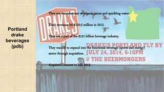 Portland
drake
beverages
(pdb)
They are manufacturer of organic juices and sparkling water.
Their revenues hit $120.5 million in 2012.
They are a part of the $131 billion beverage industry.
They wanted to expand into the functional beverage (sports and energy)
sector through acquisition.
Acquired Crescent in July 2013.
 