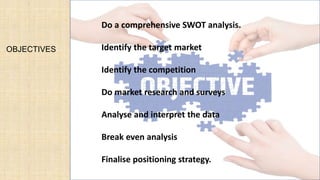 OBJECTIVES
Do a comprehensive SWOT analysis.
Identify the target market
Identify the competition
Do market research and surveys
Analyse and interpret the data
Break even analysis
Finalise positioning strategy.
 