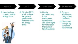Product
 Launched as a
organic, healthy
energy drink
PRODUCT
 Priced at $2.75
which is above
the general
sports drinks
and lower than
the energy
drinks
Promotion
 Heavily
promoted over
social
media,event
sponsorships
and other digital
forms to reach
the younger
target audience
Distribution
 Focus on
Washington,
Oregon and
California.
 Distributed
through big
box stores
like WalMart.
PRICE PROMOTION DISTRIBUTION
 