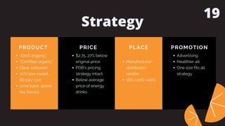 PRODUCT
“100% organic”
“Certified organic”
Clear coloured
70% less sweet,
80 cal/ can
Lime juice, green
tea flavors
PRICE
$2.75, 27% below
original price
PDB’s pricing
strategy intact.
Below average
price of energy
drinks
PLACE
Manufacturer-
distributor-
retailer
18%->25%->40%
PROMOTION
Advertising
Healthier alt
One size fits all
strategy
Strategy
19
 