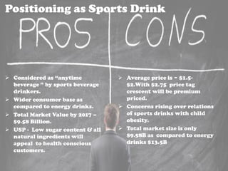 Positioning as Sports Drink
 Considered as “anytime
beverage ” by sports beverage
drinkers.
 Wider consumer base as
compared to energy drinks.
 Total Market Value by 2017 –
$9.58 Billion.
 USP - Low sugar content & all
natural ingredients will
appeal to health conscious
customers.
 Average price is ~ $1.5-
$2.With $2.75 price tag
crescent will be premium
priced.
 Concerns rising over relations
of sports drinks with child
obesity.
 Total market size is only
$9.58B as compared to energy
drinks $13.5B
 