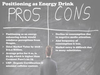 Positioning as Energy Drink
 Positioning as an energy
enhancing drink would
reinforce perceptions from
Oregon.
 Total Market Value by 2018 –
$13.5 Billion.
 Average price for 8 oz. is
$2.99,which is higher than
Crescent Pure’s $2.75.
 USP- Organic Certification &
minimal caffeine content.
 Decline in consumption due
to negative media attention.
 Also frequency of
consumption is less.
 Market entry is difficult due
to many substitutes.
 
