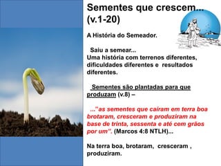 Sementes que crescem...
(v.1-20)
A História do Semeador.

 Saiu a semear...
Uma história com terrenos diferentes,
dificuldades diferentes e resultados
diferentes.

  Sementes são plantadas para que
produzam (v.8) –

 ...”as sementes que caíram em terra boa
brotaram, cresceram e produziram na
base de trinta, sessenta e até cem grãos
por um”. (Marcos 4:8 NTLH)...

Na terra boa, brotaram, cresceram ,
produziram.
 