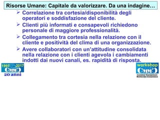 Risorse Umane: Capitale da valorizzare. Da una indagine…
 Correlazione tra cortesia/disponibilità degli
operatori e soddisfazione del cliente.
 Clienti più informati e consapevoli richiedono
personale di maggiore professionalità.
 Collegamento tra cortesia nella relazione con il
cliente e positività del clima di una organizzazione.
 Avere collaboratori con un’attitudine consolidata
nella relazione con i clienti agevola i cambiamenti
indotti dai nuovi canali, es. rapidità di risposta.
 