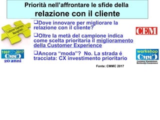 Priorità nell’affrontare le sfide della
relazione con il cliente
Fonte: CMMC 2017
Dove innovare per migliorare la
relazione con il cliente?
Oltre la metà del campione indica
come scelta prioritaria il miglioramento
della Customer Experience
Ancora “moda”? No. La strada é
tracciata: CX investimento prioritario
 