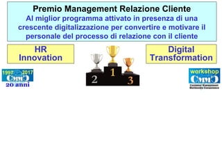 Premio Management Relazione Cliente
Al miglior programma attivato in presenza di una
crescente digitalizzazione per convertire e motivare il
personale del processo di relazione con il cliente
HR
Innovation
Digital
Transformation
HR
Innovation
 