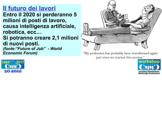 Il futuro dei lavori
Entro il 2020 si perderanno 5
milioni di posti di lavoro,
causa intelligenza artificiale,
robotica, ecc…
Si potranno creare 2,1 milioni
di nuovi posti.
(fonte:“Future of Job” - World
Economic Forum)
 