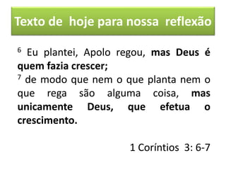 Texto de hoje para nossa reflexão
6 Eu plantei, Apolo regou, mas Deus é
quem fazia crescer;
7 de modo que nem o que planta nem o
que rega são alguma coisa, mas
unicamente Deus, que efetua o
crescimento.
1 Coríntios 3: 6-7
 