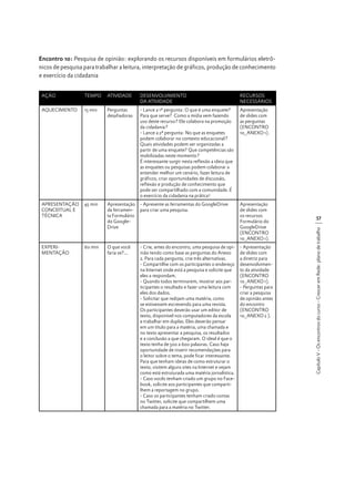 Encontro 10: Pesquisa de opinião: explorando os recursos disponíveis em formulários eletrônicos de pesquisa para trabalhar a leitura, interpretação de gráficos, produção de conhecimento
e exercício da cidadania
TEMPO

ATIVIDADE

DESENVOLVIMENTO
DA ATIVIDADE

RECURSOS
NECESSÁRIOS

AQUECIMENTO

15 min

Perguntas
desafiadoras

- Lance a 1ª pergunta: O que é uma enquete?
Para que serve? Como a mídia vem fazendo
uso deste recurso? Ele colabora na promoção
da cidadania?
- Lance a 2ª pergunta: No que as enquetes
podem colaborar no contexto educacional?
Quais atividades podem ser organizadas a
partir de uma enquete? Que competências são
mobilizadas neste momento?
É interessante surgir nesta reflexão a ideia que
as enquetes ou pesquisas podem colaborar a
entender melhor um cenário, fazer leitura de
gráficos, criar oportunidades de discussão,
reflexão e produção de conhecimento que
pode ser compartilhado com a comunidade. É
o exercício da cidadania na prática!

Apresentação
de slides com
as perguntas
(ENCONTRO
10_ANEXO 1).

APRESENTAÇÃO
CONCEITUAL E
TÉCNICA

45 min

Apresentação
da ferramenta Formulário
do GoogleDrive

- Apresente as ferramentas do GoogleDrive
para criar uma pesquisa.

Apresentação
de slides com
os recursos
Formulário do
GoogleDrive
(ENCONTRO
10_ANEXO 1).

EXPERIMENTAÇÃO

60 min

O que você
faria se?...

- Crie, antes do encontro, uma pesquisa de opinião tendo como base as perguntas do Anexo
2. Para cada pergunta, crie três alternativas.
- Compartilhe com os participantes o endereço
na Internet onde está a pesquisa e solicite que
eles a respondam.
- Quando todos terminarem, mostrar aos participantes o resultado e fazer uma leitura com
eles dos dados.
- Solicitar que redijam uma matéria, como
se estivessem escrevendo para uma revista.
Os participantes deverão usar um editor de
texto, disponível nos computadores da escola
e trabalhar em duplas. Eles deverão pensar
em um título para a matéria, uma chamada e
no texto apresentar a pesquisa, os resultados
e a conclusão a que chegaram. O ideal é que o
texto tenha de 500 a 600 palavras. Caso haja
oportunidade de inserir recomendações para
o leitor sobre o tema, pode ficar interessante.
Para que tenham ideias de como estruturar o
texto, visitem alguns sites na Internet e vejam
como está estruturada uma matéria jornalística.
- Caso vocês tenham criado um grupo no Facebook, solicite aos participantes que compartilhem a reportagem no grupo.
- Caso os participantes tenham criado contas
no Twitter, solicite que compartilhem uma
chamada para a matéria no Twitter.

- Apresentação
de slides com
a diretriz para
desenvolvimento da atividade
(ENCONTRO
10_ANEXO 1).
- Perguntas para
criar a pesquisa
de opinião antes
do encontro
(ENCONTRO
10_ANEXO 2 ).

57
Capítulo V - Os encontros do curso - Crescer em Rede: plano de trabalho

AÇÃO

 