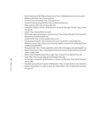 •	
•	
•	
•	
•	
•	
•	
•	
•	
•	
•	
•	
•	

Crescer em Rede

68

•	
•	
•	
•	
•	

Banco Internacional de Objetos Educacionais: http://objetoseducacionais2.mec.gov.br
Biblioteca Mundial: http://www.wdl.org
Construir livros de histórias: http://storybird.com
Construir histórias em quadrinhos: http://www.toondoo.com
Editar spots de rádio: http://www.voki.com
Laboratório Didático Virtual - Rede Interativa Virtual de Educação (Rived): http://rived.
mec.gov.br
Labvirt: http://www.labvirt.fe.usp.br
FDA (jogos sobre alimentação e corpo humano): http://www.fda.gov/ForConsumers/
ByAudience/ForKids/default.htm
Saúde Animal: http://www.saudeanimal.com.br
Site de pesquisa escolar: http://www2.uol.com.br/aprendiz/n_licao/index.htm
Biblioteca virtual: http://futuro.usp.br/portal/website.ef;jsessionid=19C840A7ECF819
31878E3C60D9EAABC6
Pesquisa escolar: http://www.eaprender.com.br/tiki-smartpages_view.php?pageId=147
Educar Para Crescer: http://educarparacrescer.abril.com.br/comportamento/sites-educativos-504552.shtml
Sobre a nova ortografia através de um jogo: http://www.fmu.br/game/home.asp
Super Atlas: http://www.ibge.gov.br/paisesat/main.php
Simulações e animações de Matemática e Ciências da Natureza: http://phet.colorado.
edu/pt_BR/
Simulador para gráficos e funções na Matemática: https://www.desmos.com/calculator
Objetos educacionais em todas as áreas de conhecimento: http://objetoseducacionais2.
mec.gov.br/

 