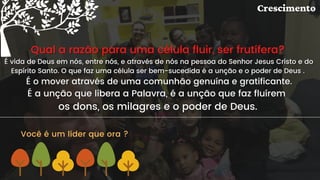 Qual a razão para uma célula fluir, ser frutífera?
Qual a razão para uma célula fluir, ser frutífera?
Qual a razão para uma célula fluir, ser frutífera?
É vida de Deus em nós, entre nós, e através de nós na pessoa do Senhor Jesus Cristo e do
É vida de Deus em nós, entre nós, e através de nós na pessoa do Senhor Jesus Cristo e do
É vida de Deus em nós, entre nós, e através de nós na pessoa do Senhor Jesus Cristo e do
Espírito Santo. O que faz uma célula ser bem-sucedida é a unção e o poder de Deus .
Espírito Santo. O que faz uma célula ser bem-sucedida é a unção e o poder de Deus .
Espírito Santo. O que faz uma célula ser bem-sucedida é a unção e o poder de Deus .
É o mover através de uma comunhão genuína e gratificante.
É o mover através de uma comunhão genuína e gratificante.
É o mover através de uma comunhão genuína e gratificante.
É a unção que libera a Palavra, é a unção que faz fluírem
É a unção que libera a Palavra, é a unção que faz fluírem
É a unção que libera a Palavra, é a unção que faz fluírem
os dons, os milagres e o poder de Deus.
os dons, os milagres e o poder de Deus.
os dons, os milagres e o poder de Deus.
Você é um líder que ora ?
 