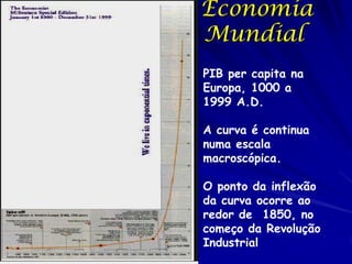 Economia
Mundial
PIB per capita na
Europa, 1000 a
1999 A.D.

A curva é continua
numa escala
macroscópica.

O ponto da inflexão
da curva ocorre ao
redor de 1850, no
começo da Revolução
Industrial
 